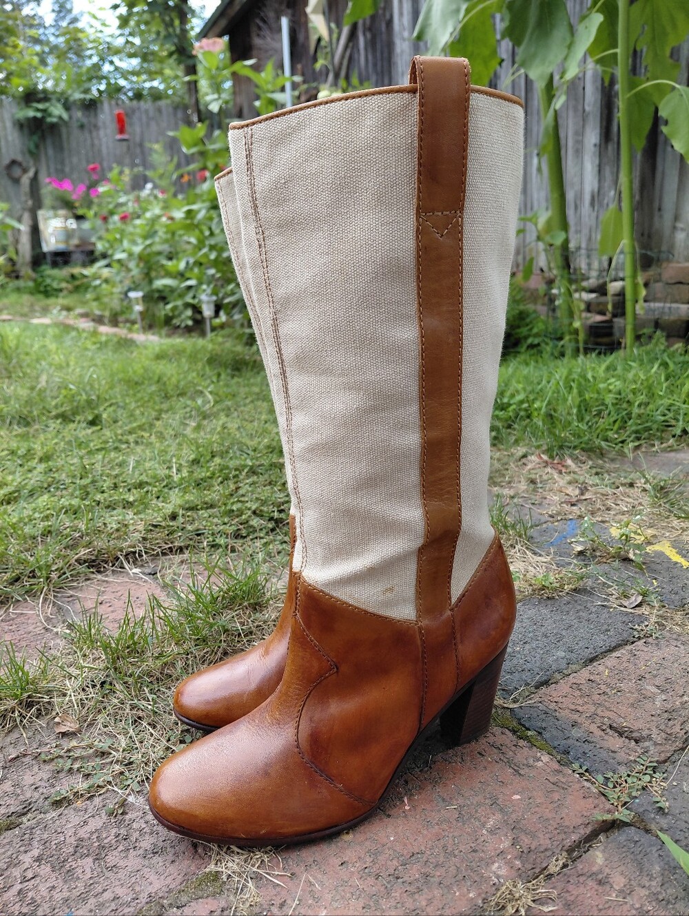 Vintage 90s LL Bean tall brown wash leather canvas country thick heel boots 6.5
